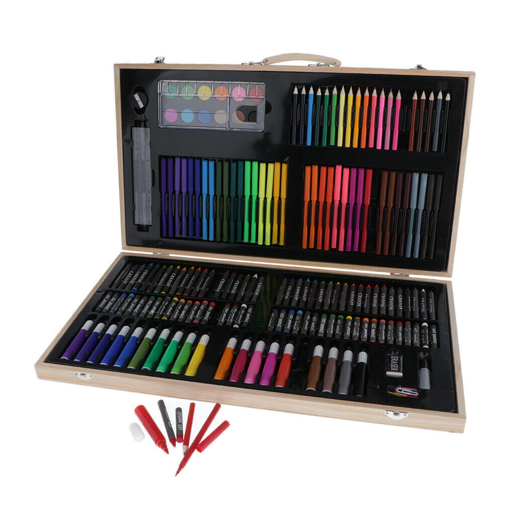 180Pcs Art Set in Wooden Case with Color Pencils, Oil Pastels, Watercolor Cakes,