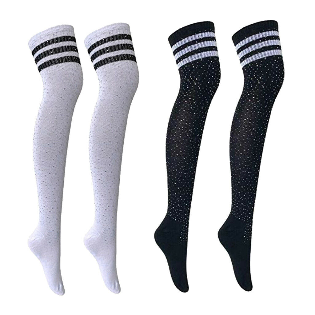 2Pairs Cotton Stripes Rhinestone Over Knee High Socks Casual Party Stockings