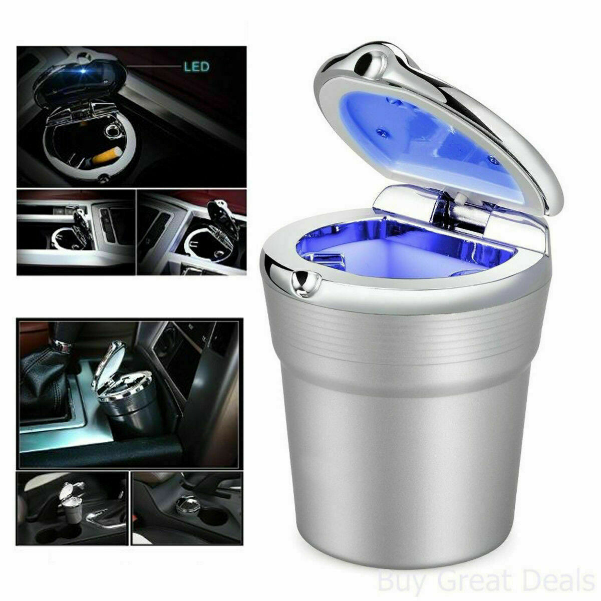 White Portable Stainless Auto Car Cigarette Ashtray Ash with Blue LED Light