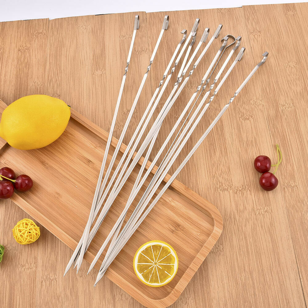 12PCS Kabob Skewers Flat Metal BBQ Barbecue Skewer Stainless Steel Shish Skewers
