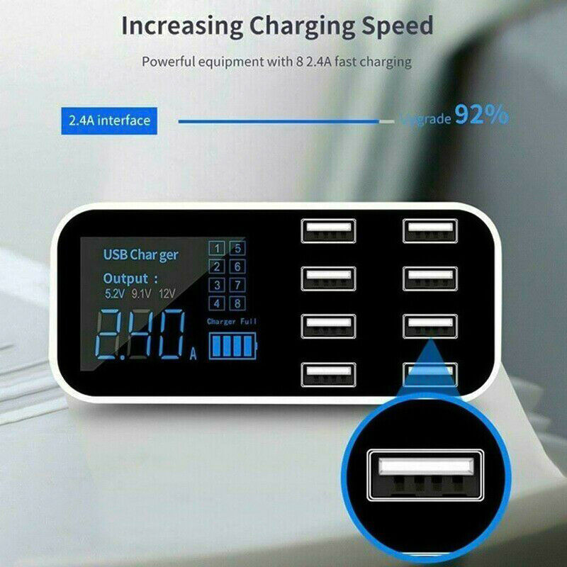 Car 8 Ports USB Fast Charger Multi USB Phone Charging Station LCD Display