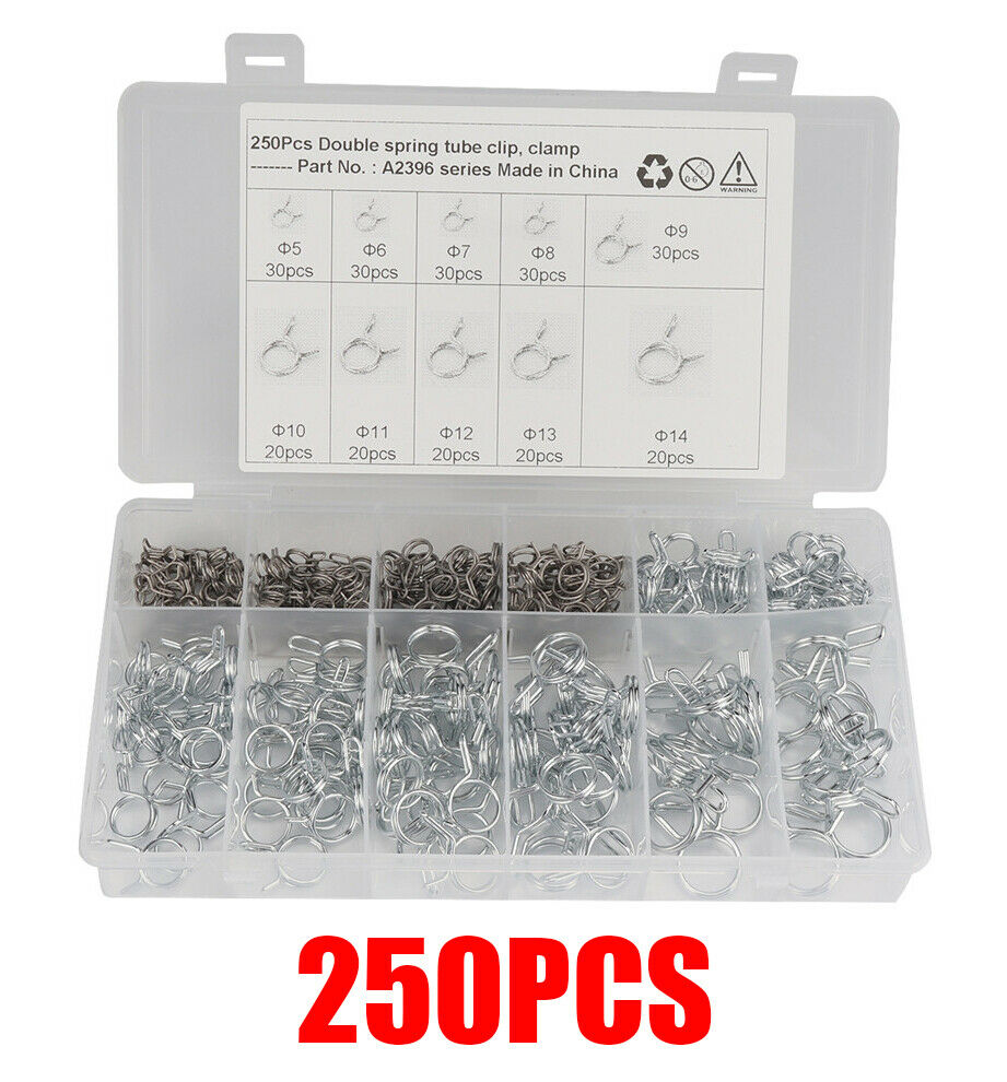 250x Universal Double Wire Fuel Line Hose Tube Spring Clamp Assortment Boxed Kit