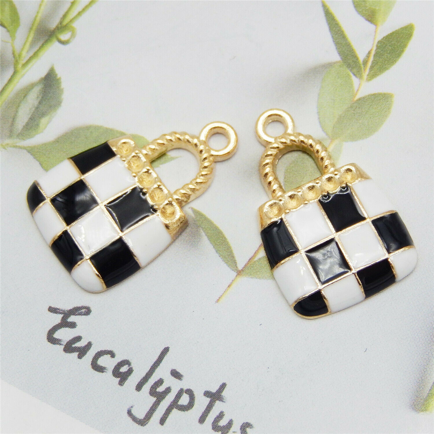 30pcs Enamel Black&White Check Handbags Charms Jewelry DIY Findings Accessories