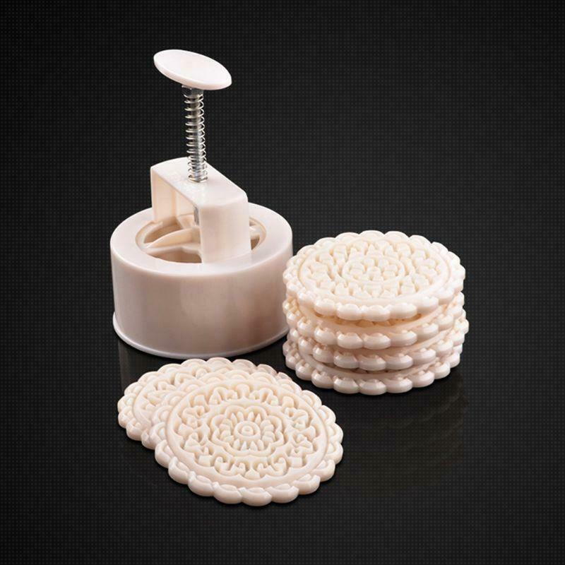 DIY 250g Mooncake Mold with 6pcs Round Flower Stamps Hand Press Moon Cake Pastry