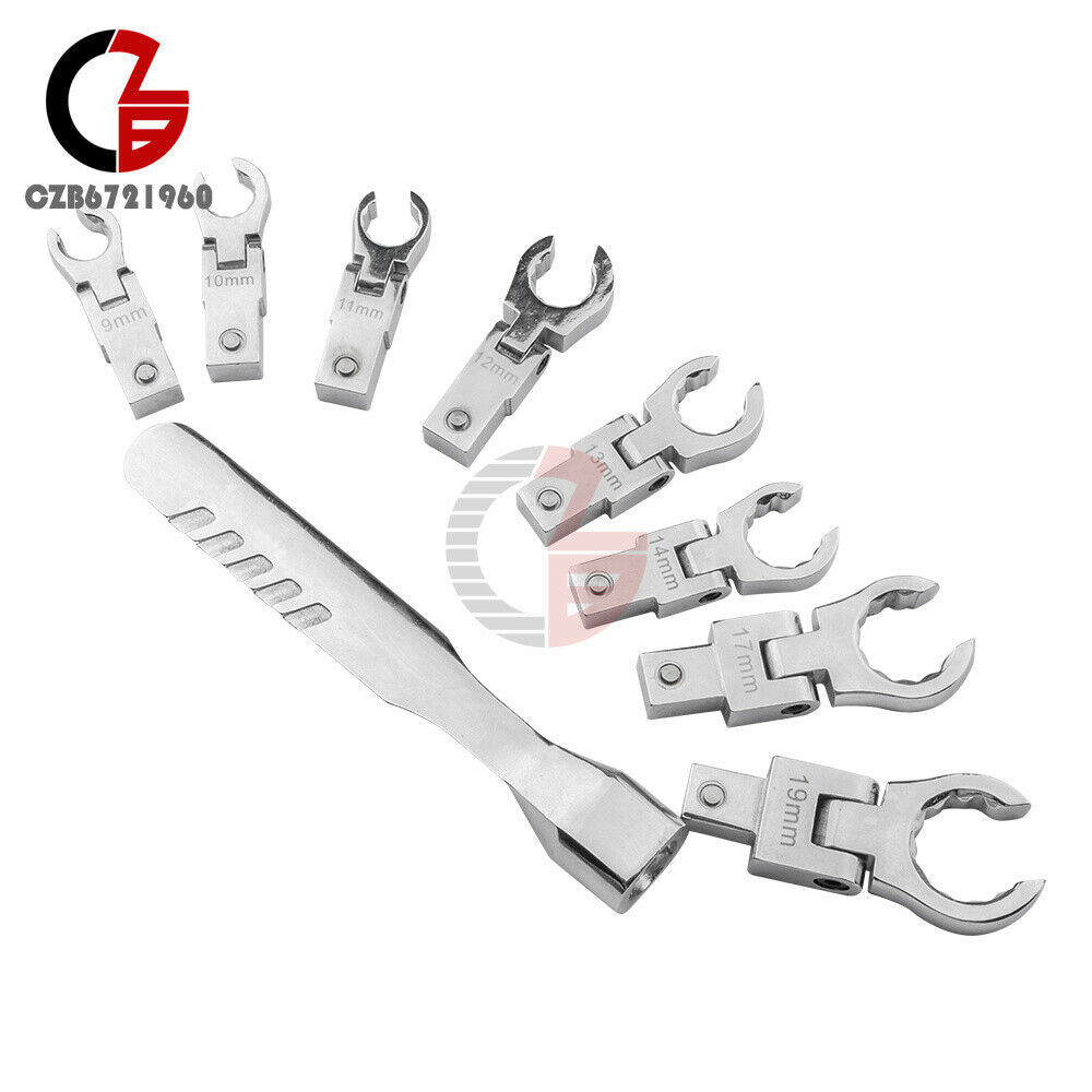 9PCS Portable Metric Ratchet 180°Rotating Gear Removable Flexible Wrench Set