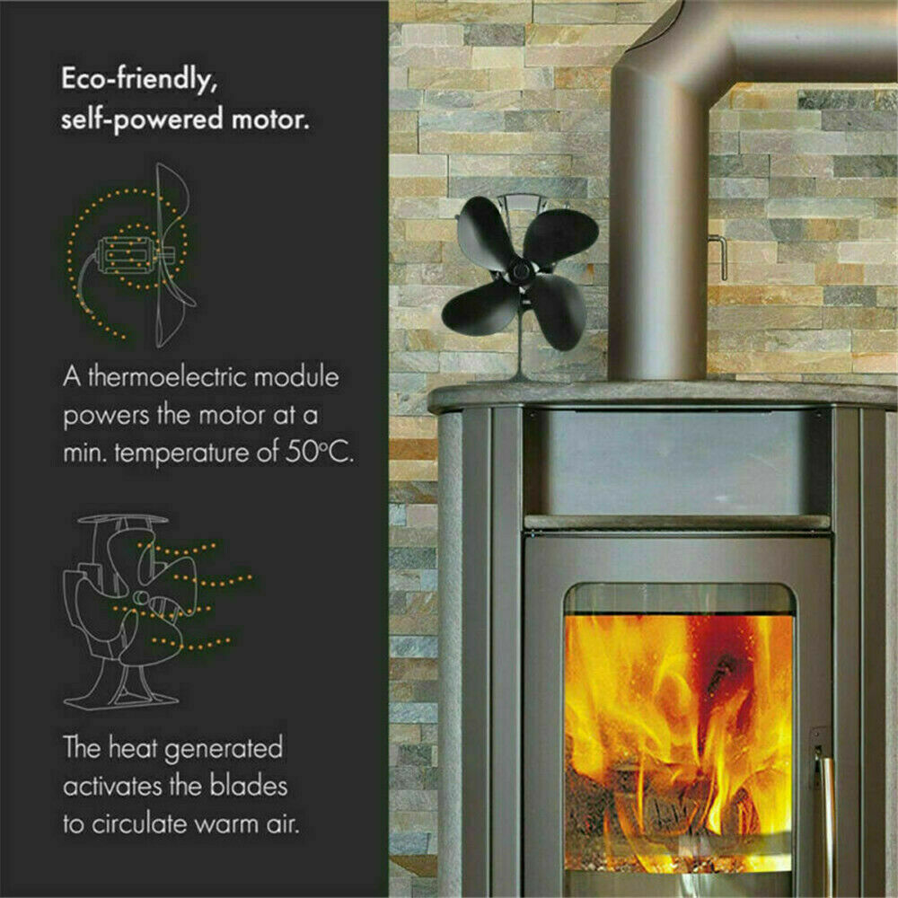 4 Blades Wood Stove Fan Heat Powered Eco Fireplace Fan Log Burner Fuel Saving_US