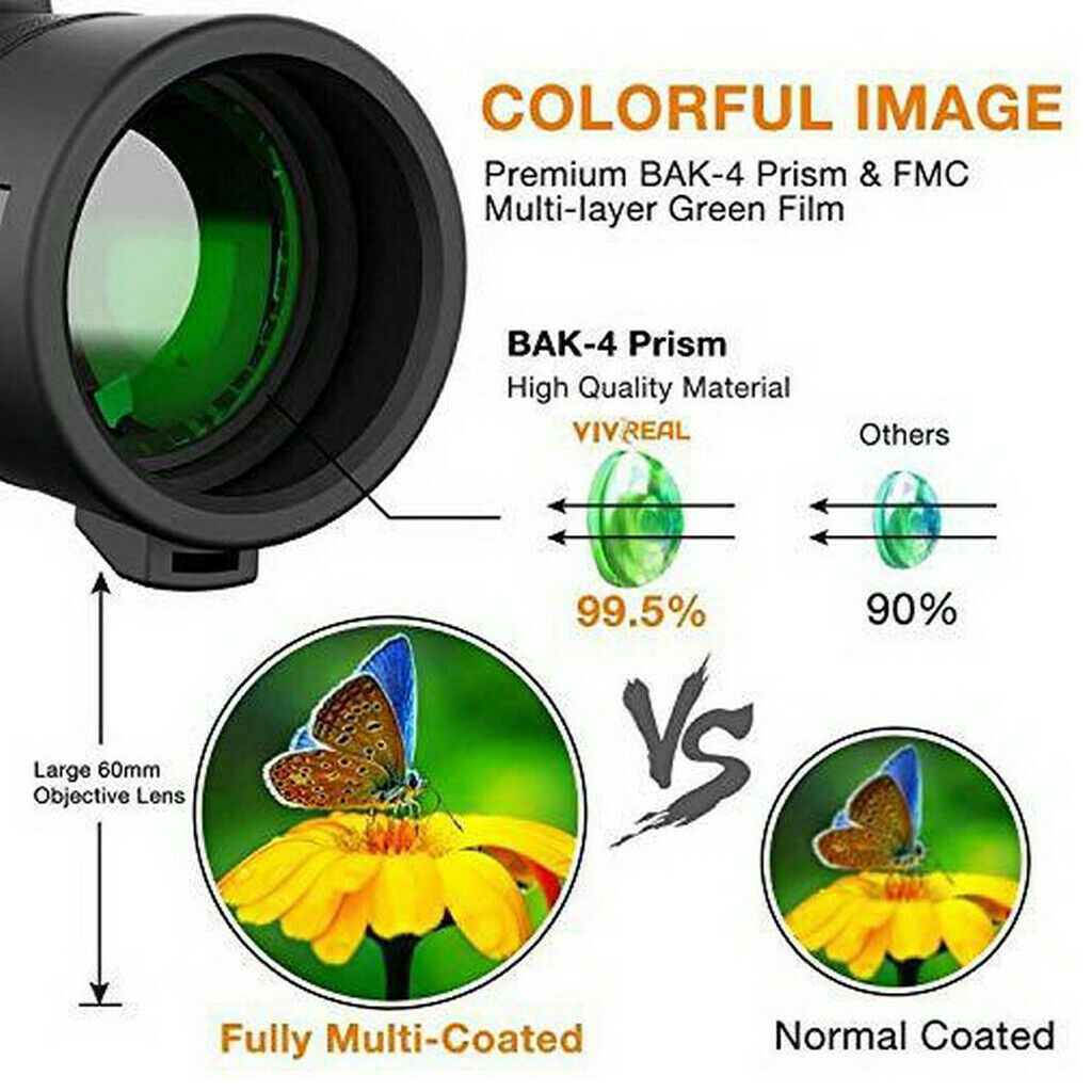 40X60 BAK4 FMC Zoom HD Optical Monocular Telescope for Outdoor Waterproof