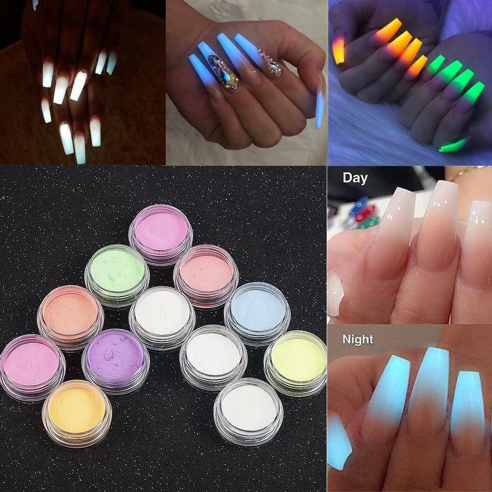 12Colors Acrylic Luminous Fluorescent Powder Glow In the Dark Nail Art Pigment.
