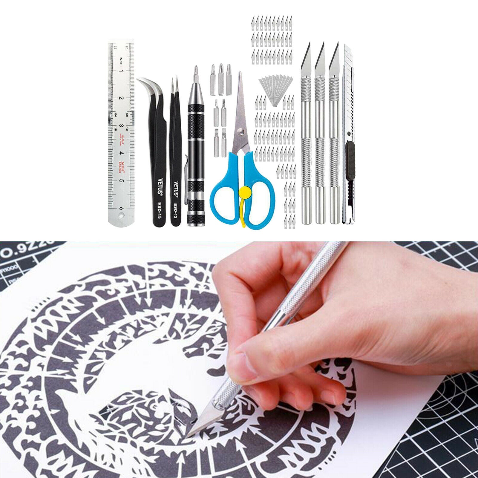 105x Precision Carving Craft Hobby  Kit & Blade,Steel Ruler,SK5 Art  w/ Blade,7