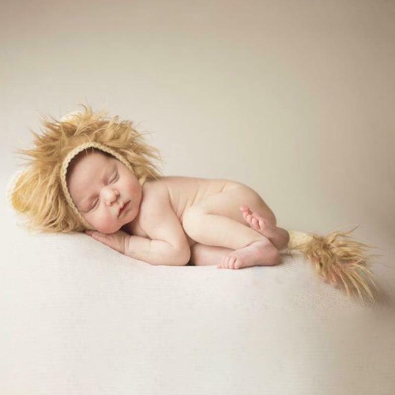2 Pcs Baby Props Lion Hat Tail Set Newborn Photography Costumes Knitted Outfits