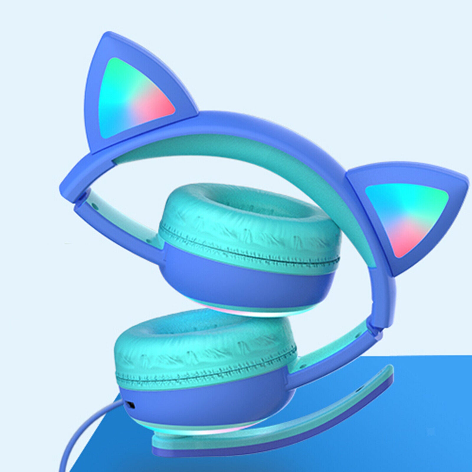 Kid LED Fashion Cute Cat Ear Headphones On-Ear Headsets with Mic Foldable Wired