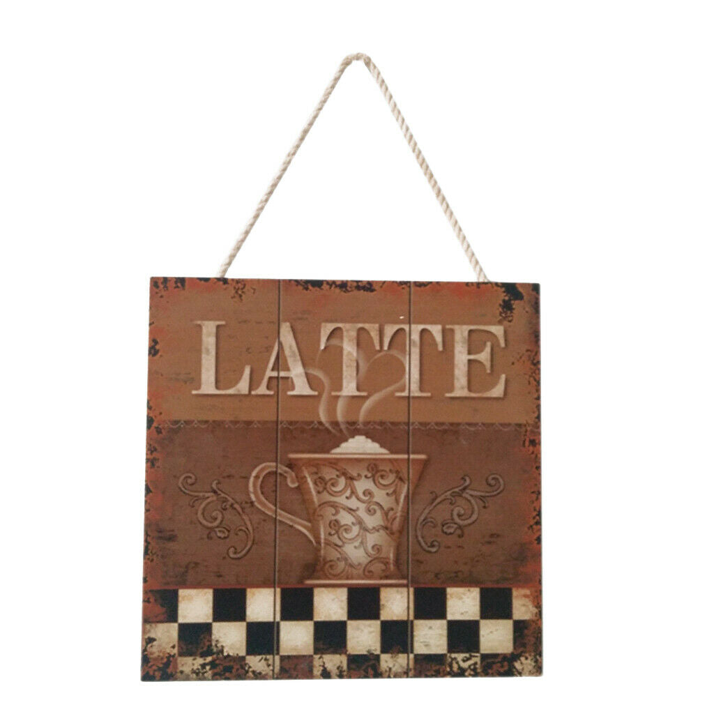 Wooden Wall Art Coffee Plaque Sign with Rope for Cafe Bar Decoration B