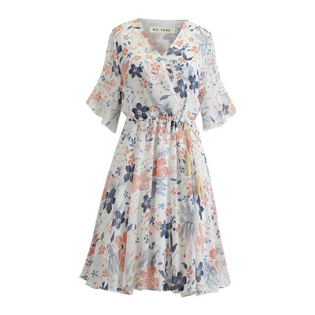 Womens Summer Floral Print Dress Casual Swing Boho Beach Midi Dress M