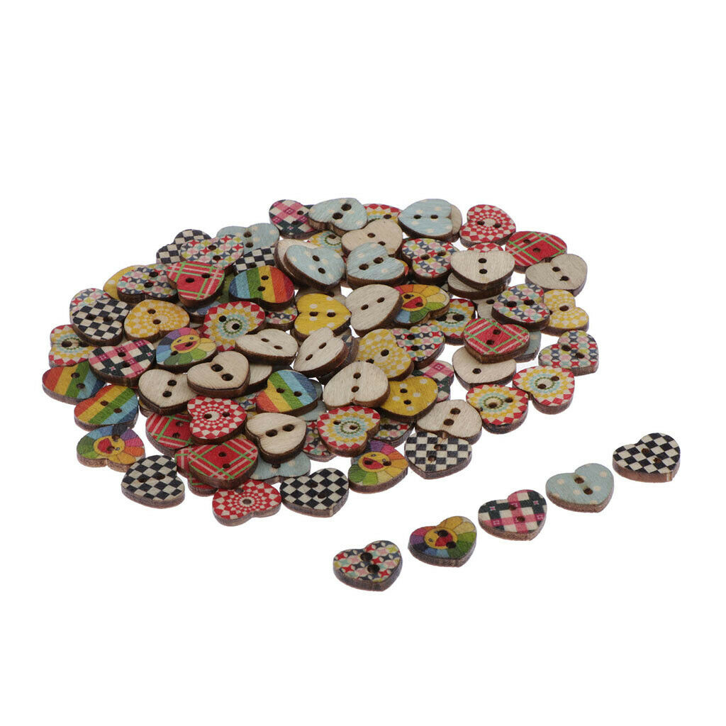 100-Pack Multicolored Heart Shaped 2 Holes Wooden Sewing Buttons for Crafts