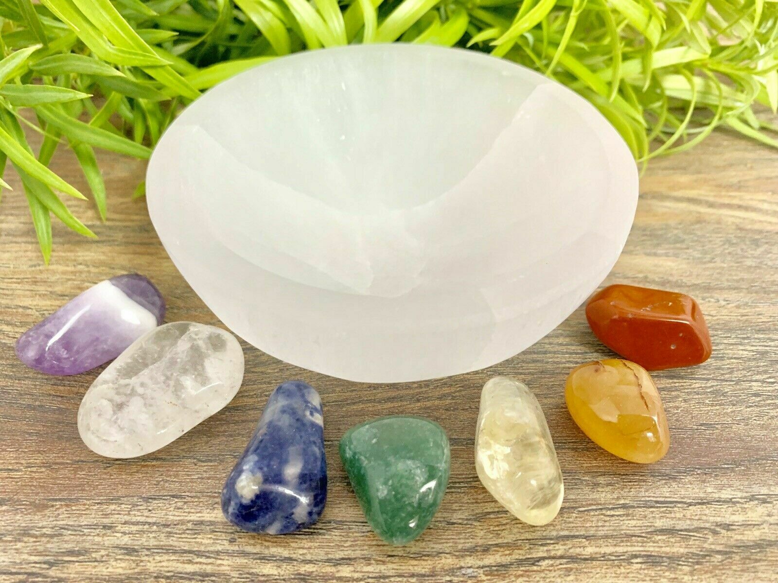 3.7” Selenite Bowl With Chakra Stone Set Meditation Crystal Healing Reiki Chakra