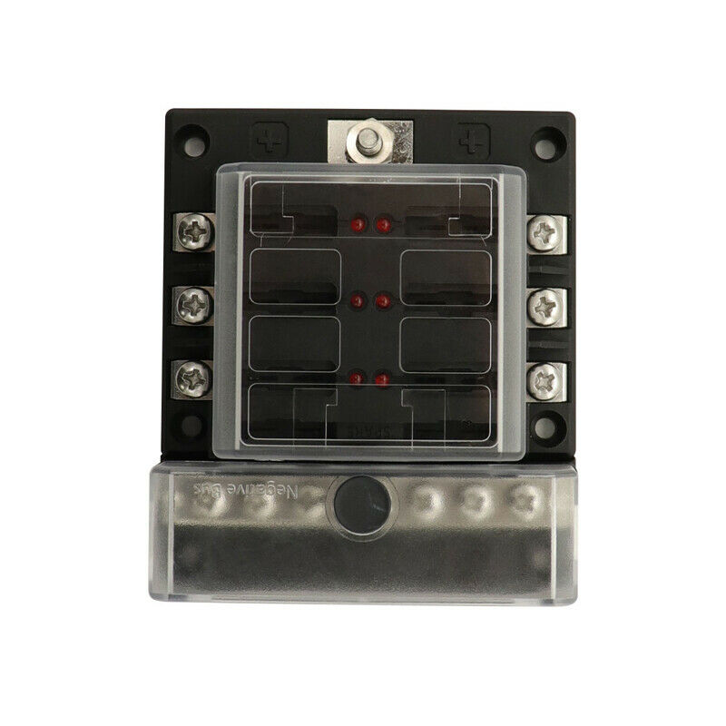 6-Way Fuse Box Blade Fuse Block Holder Screw Nut Terminal W/Negative Bus LED Kit