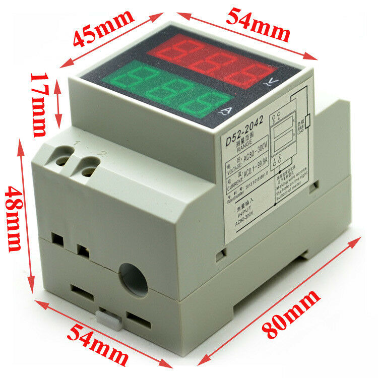 Dual Display Rail AC Digital Voltmeter 80-300V 0.1-99.9 D52-2042 Voltage Ammeter