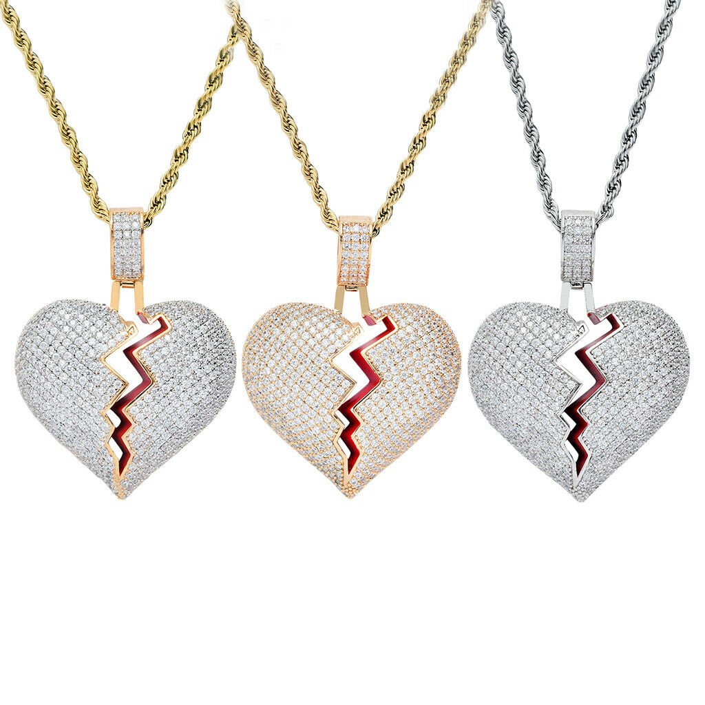 Heart-broken shape pendant zircon hip-hop necklace Golden