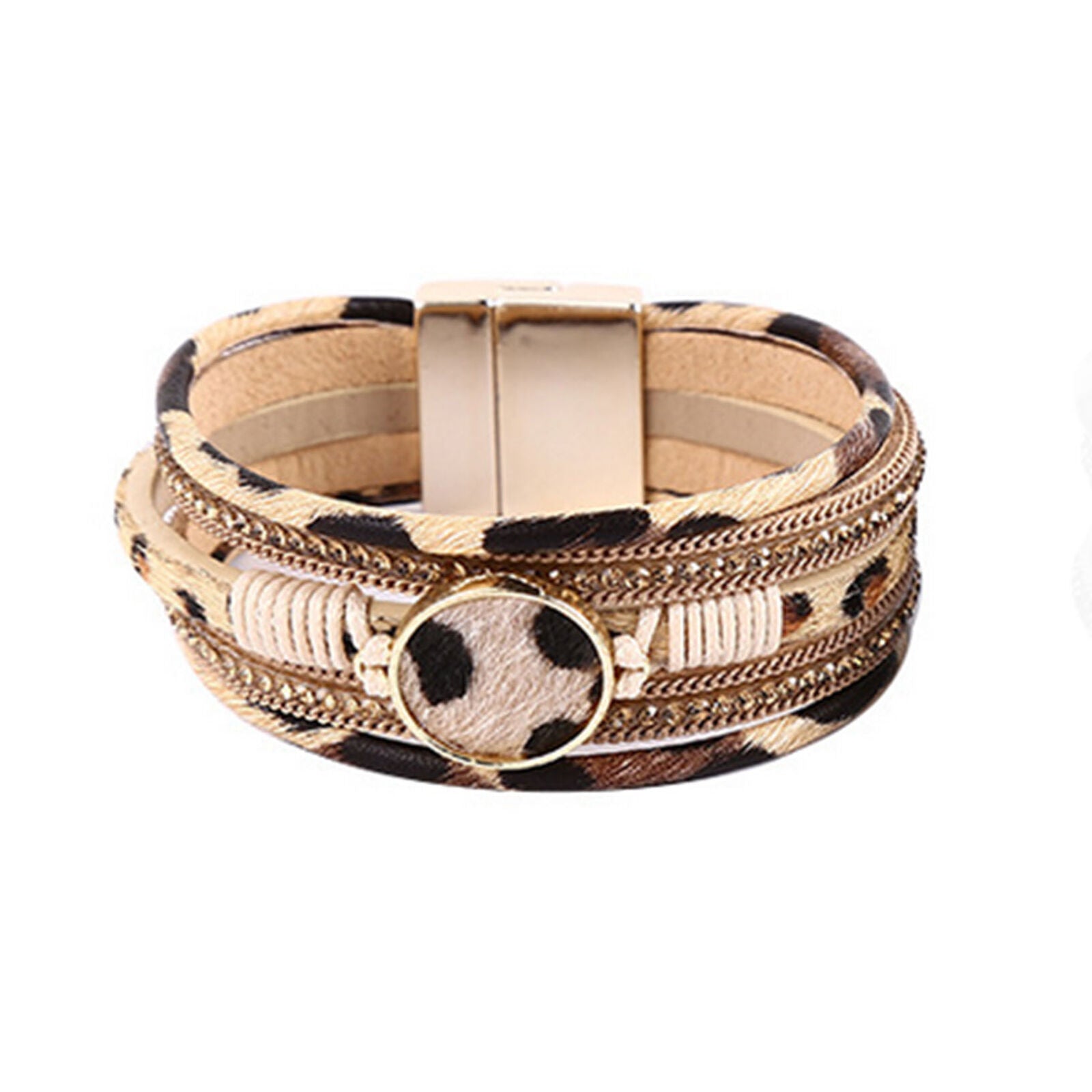 Leopard Grain Fur Chain Multi-layer Leather Wrap Bracelet Charm Bangle For Women