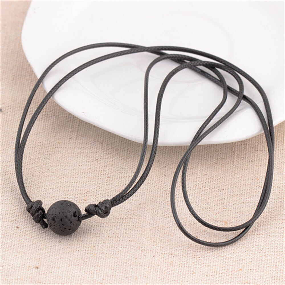Women Men Natural Lava Stone Bead Diffusion Pendant Black Leather Cord Necklace