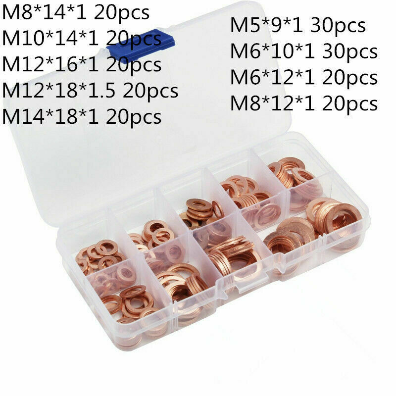 200PCS 9 Sizes(M5-M14) Copper Metric Sealing Washers Flat Washers Assortment Kit
