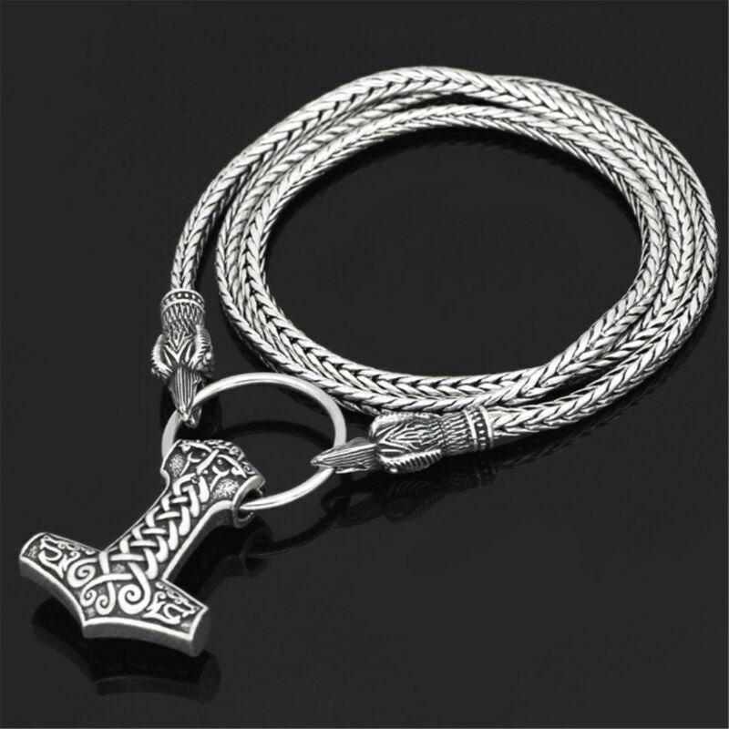 Men's Norse Viking Odin's Crow Chain&Thor Hammer Mjolnir Pendant Necklace Gift