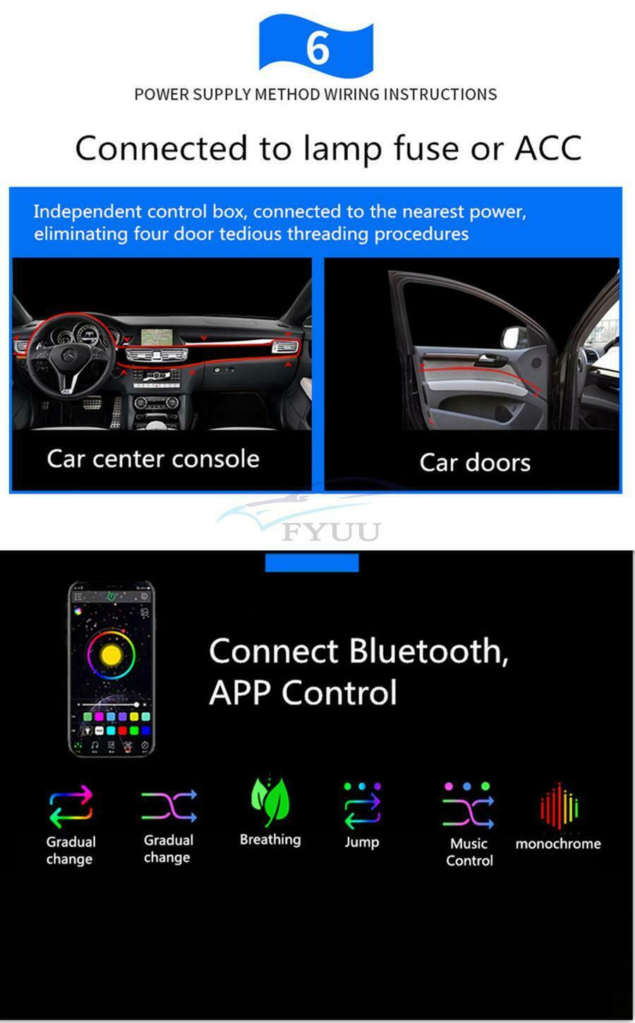 10PCS Screwless Car Interior 64Colors LED Ambient Atmosphere Light APP Control