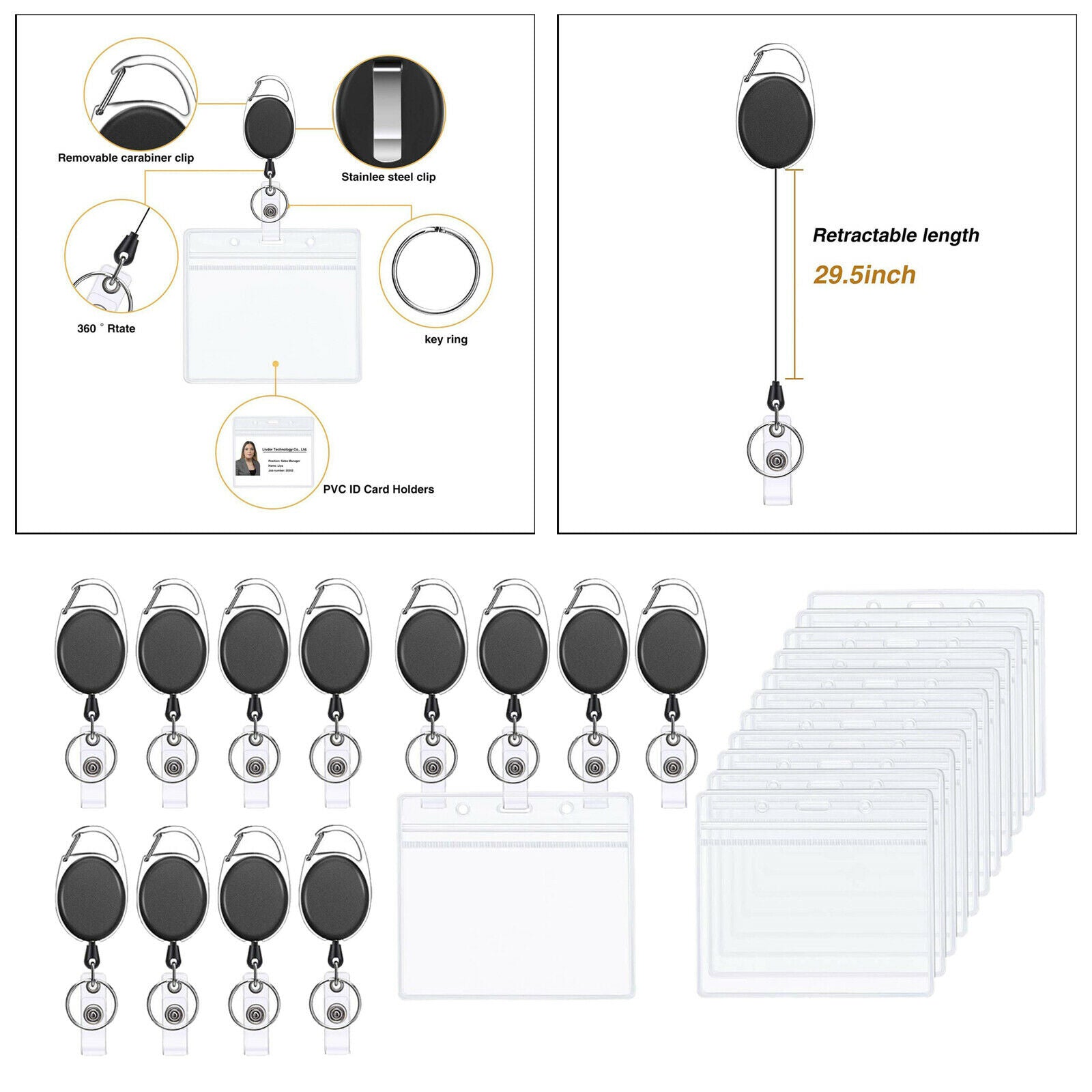12x Black Heavy Duty Retractable Badge Reel Key Ring for Office Worker
