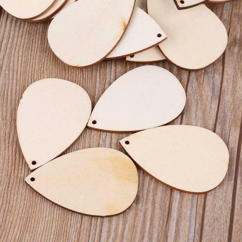 30pcs Waterdrop Shape Natural Wooden Ornaments Holes Blank Slices DIY Scrapbook