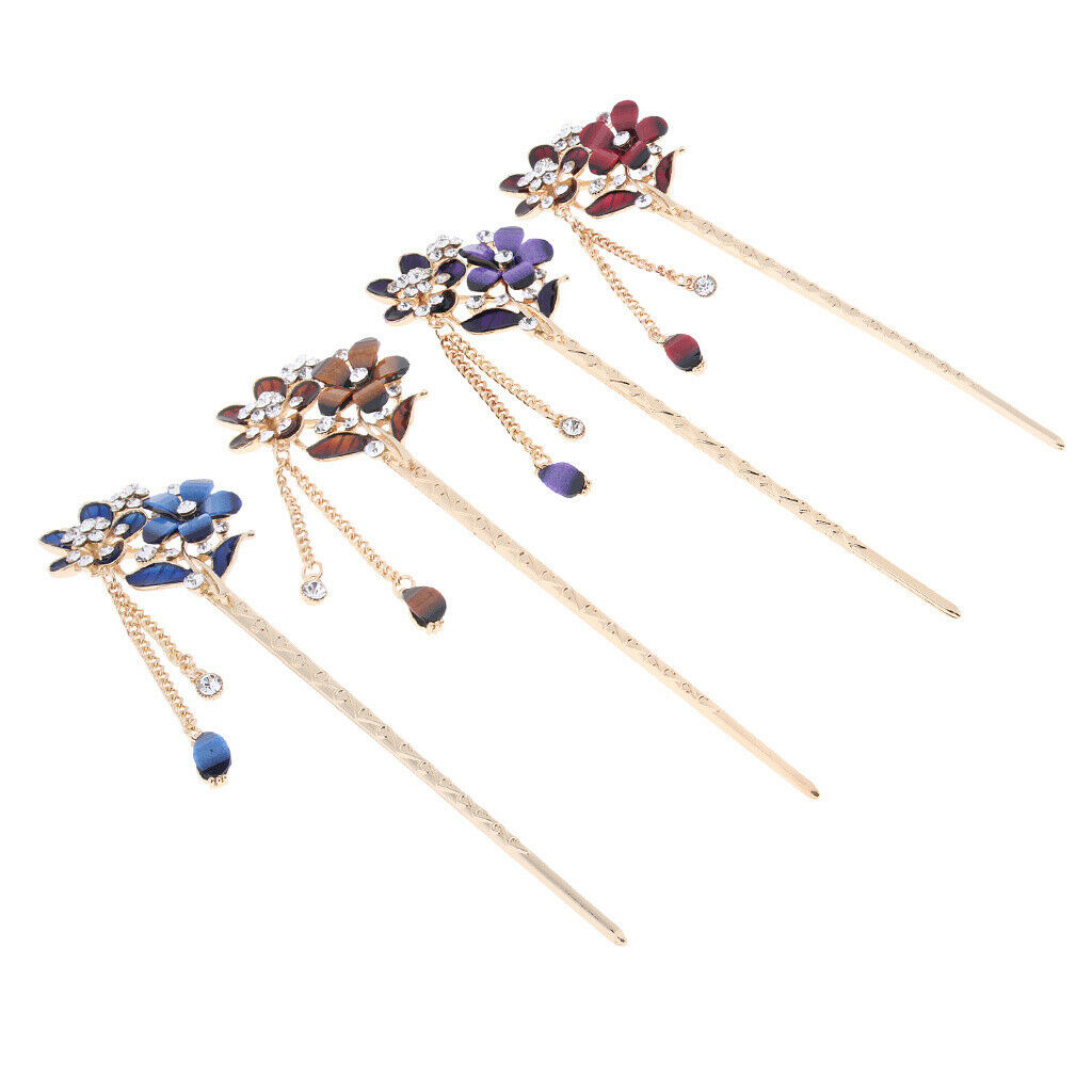 4x Chinese Style Hair Stick Women Wedding Flower Rhinestone Hairpin Party