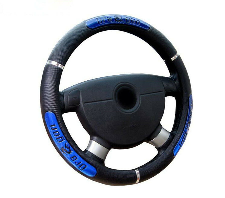 15 Inch PU Leather Car Dragon Word Pattern Black Steering Wheel Cover +Blue Icon