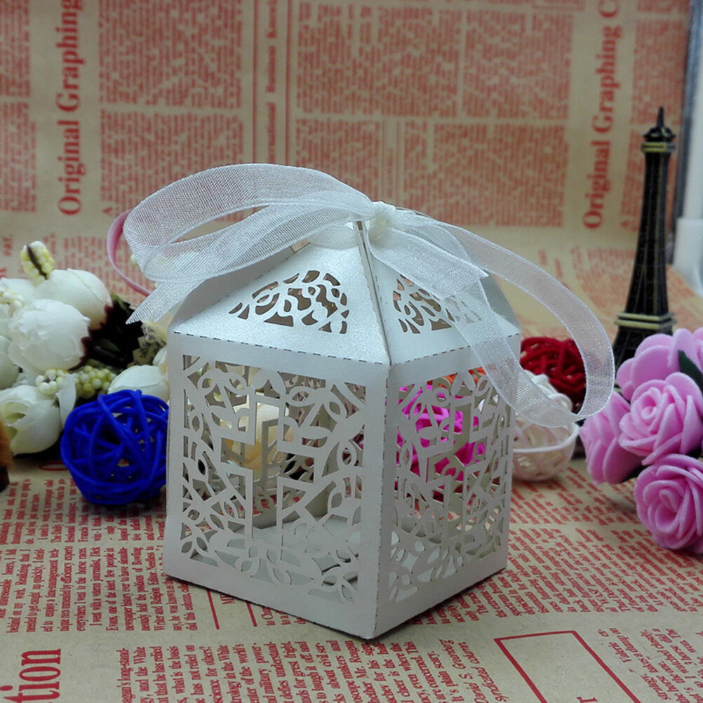 10x Cross Hollow Wedding Party Paper Favor Candy Boxes With Ribbo.l8
