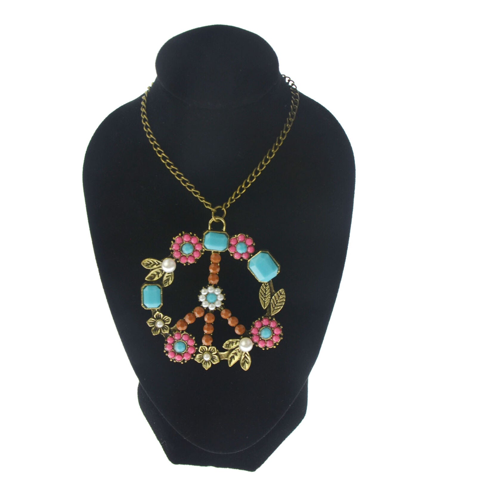Retro Floral Peace & Love Sign Boho Hippie Pendant Long Statement Necklace Chain
