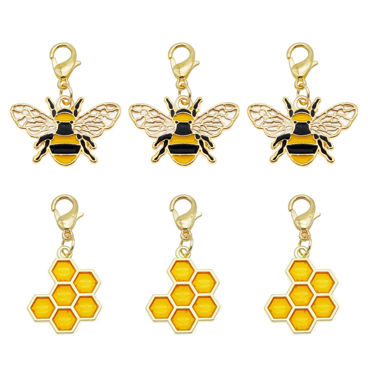 12 PCS Bulk Mini Golden Alloy Bee Charm Enamel Honeycomb Lobster Clasp Pendant