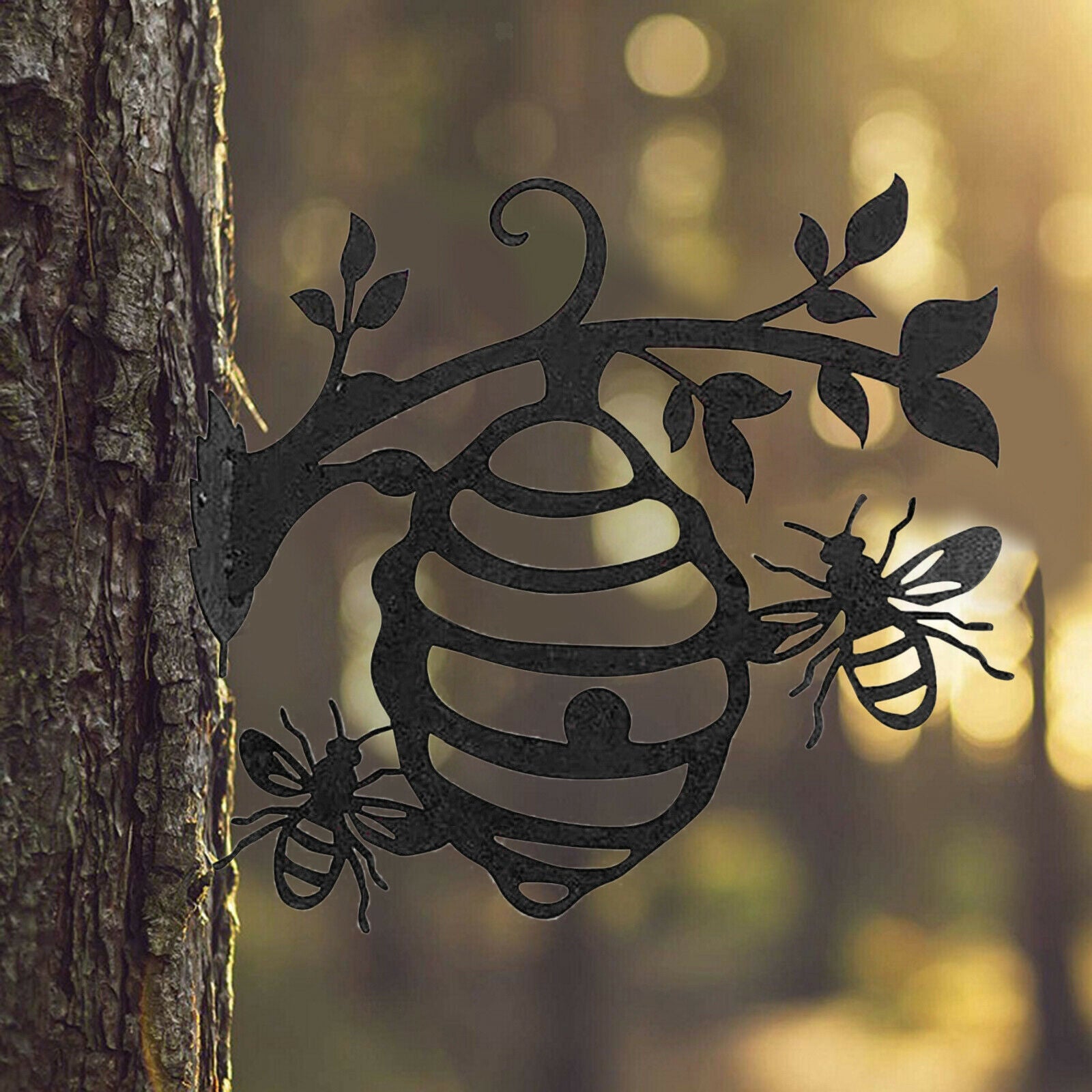 Stake Decor Bee Hive on Branch Metal Fairy Silhouette Ornament Backyard Tree