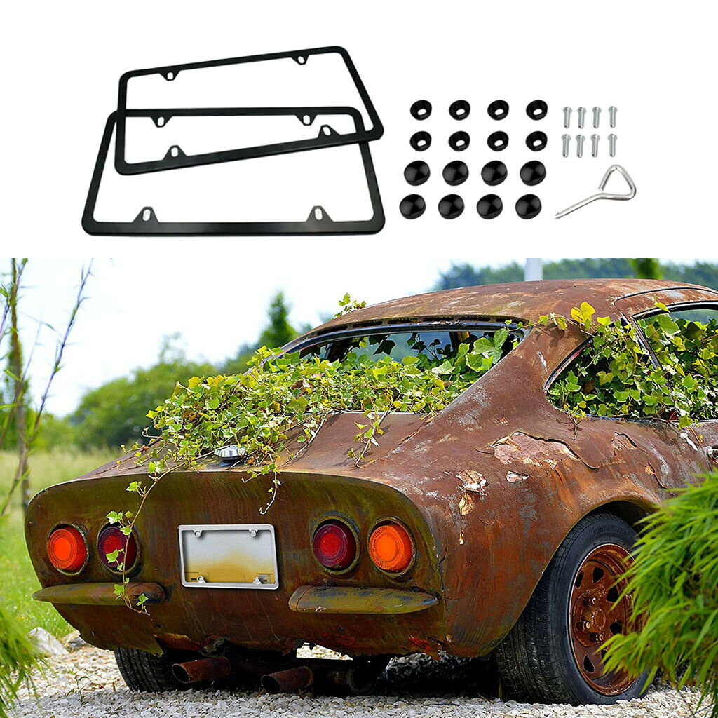 2 Pieces Metal License Plate Frames 4 Holes w/ Screws Caps For Front & Rear
