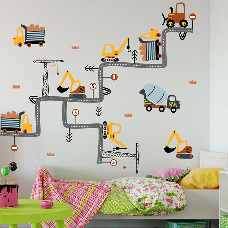 Cartoon Excavator Road Wall Stickers For Kids Baby Rooms Boys mural artM Qx