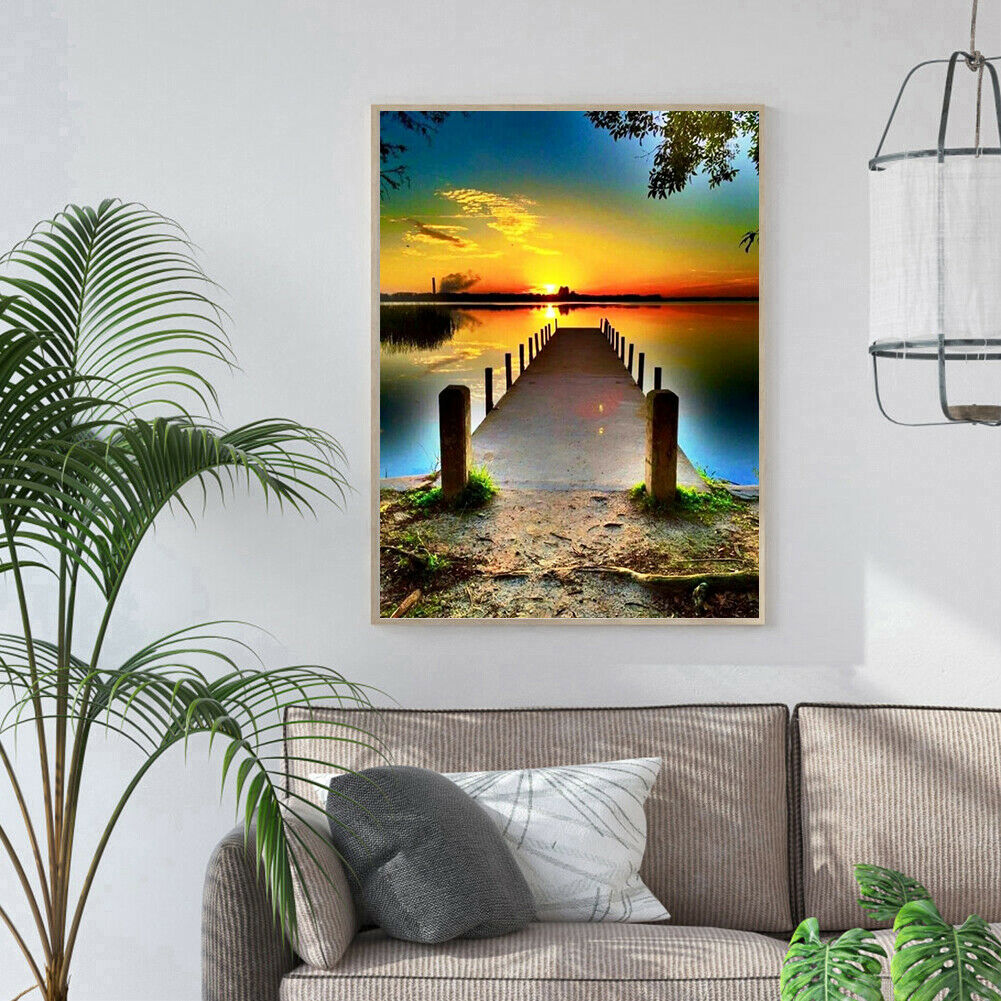 Sunset Bridge 5D Full Drill Round Diamond Painting Cross Stitch Mosaic Art @