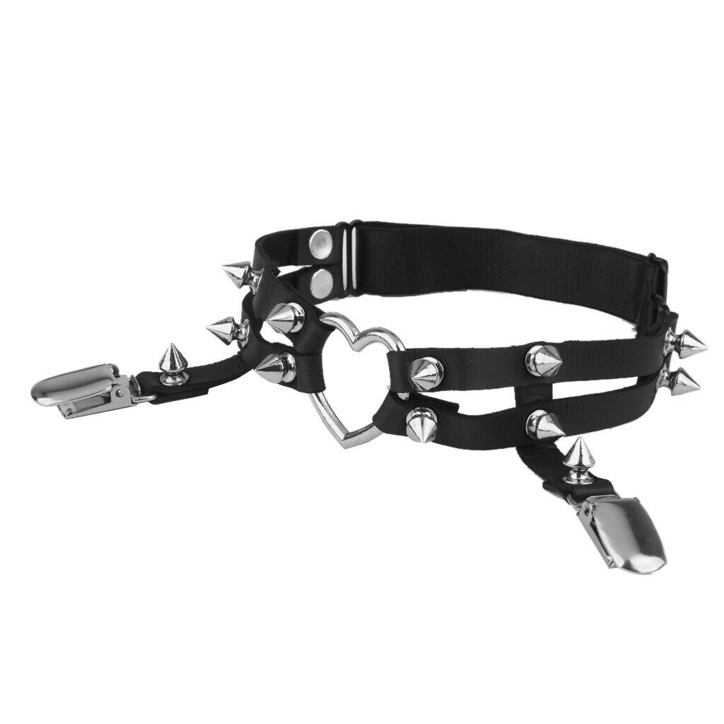Sexy Black Heart Stud Rivet Women Leg Leather Sock Garter Suspender Belt