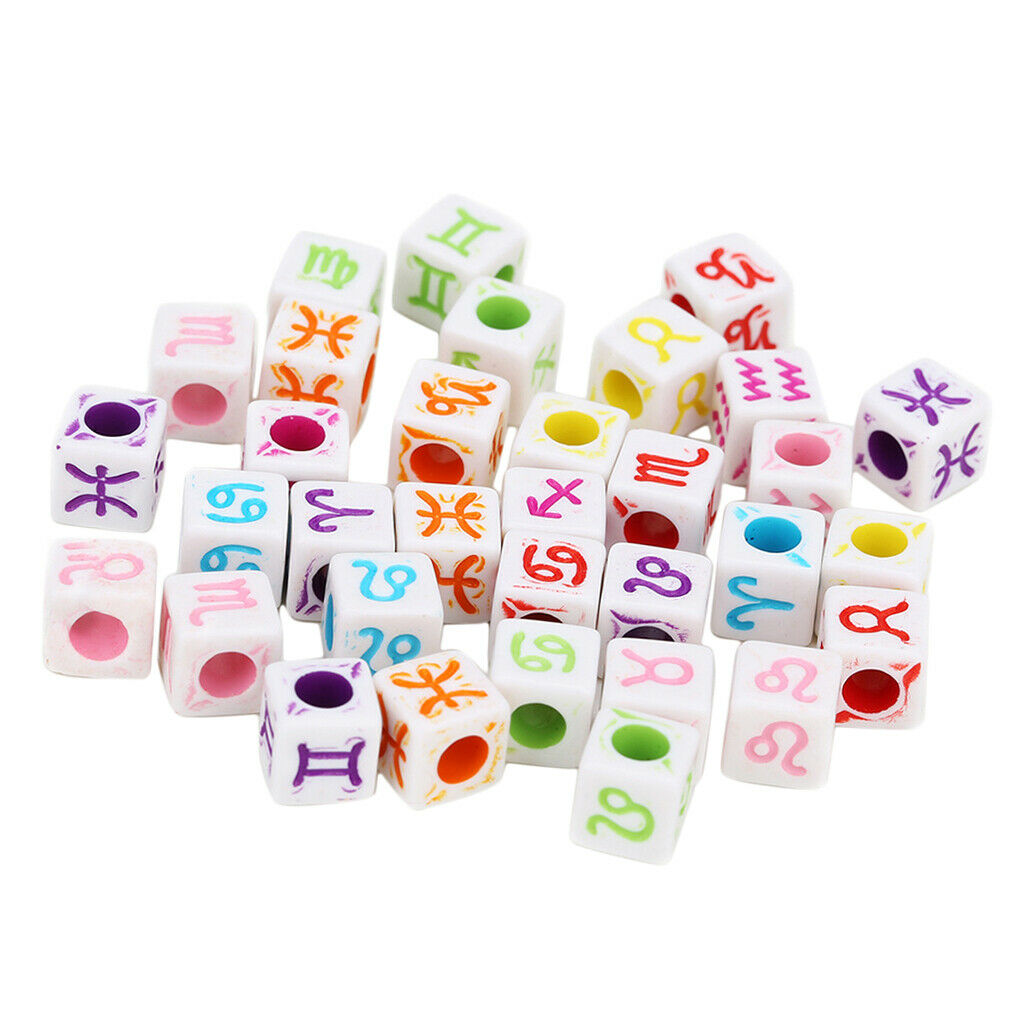 100x Colored Acrylic Cube Beads with Zodiac Designs DIY Jewelry Charm