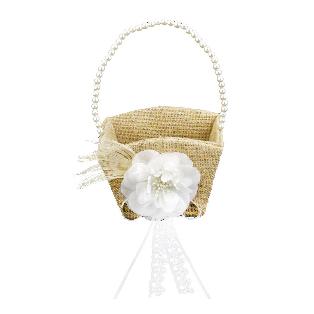 Wedding Burlap Flower Girl Basket With White Flower Beads Deco