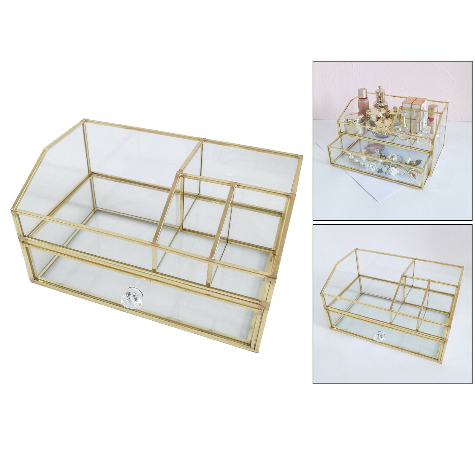 Clear Glass Jewelry Organizer Box - Golden Metal Keepsake Box Jewelry Organizer