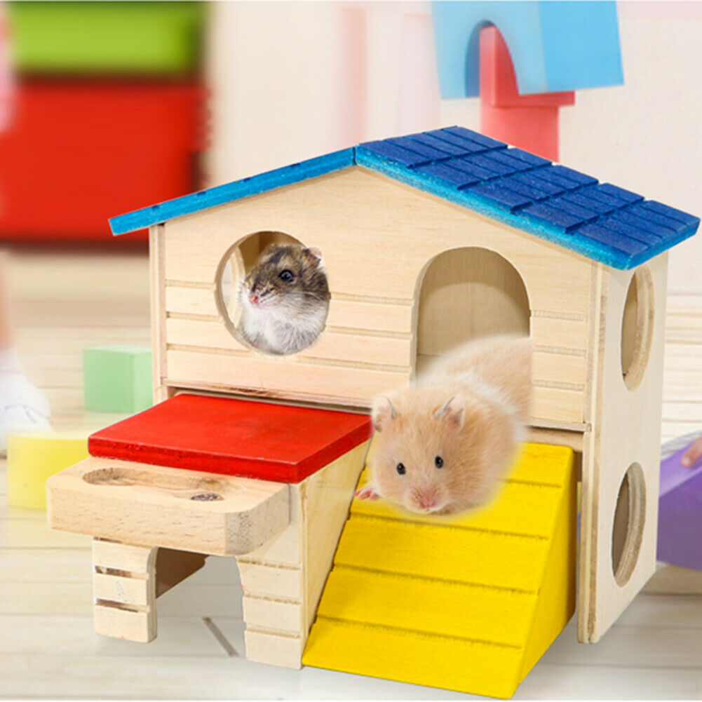 Cute Hamster Double Layer Cabin Wooden Small Animal Climbing Hideout Nest @