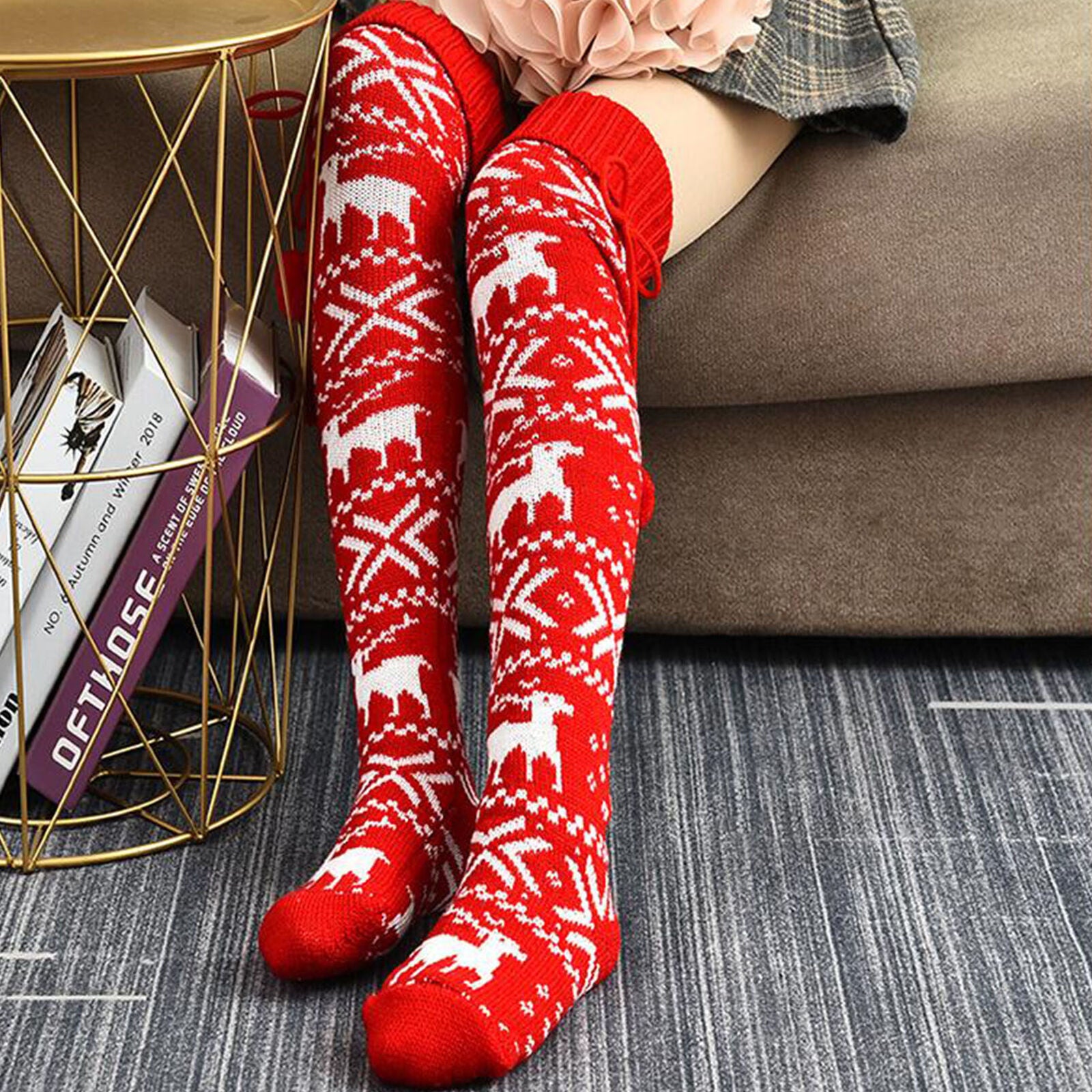 Women Knitted High Over Knee Socks Warm Winter Long Socks Christmas Stockings