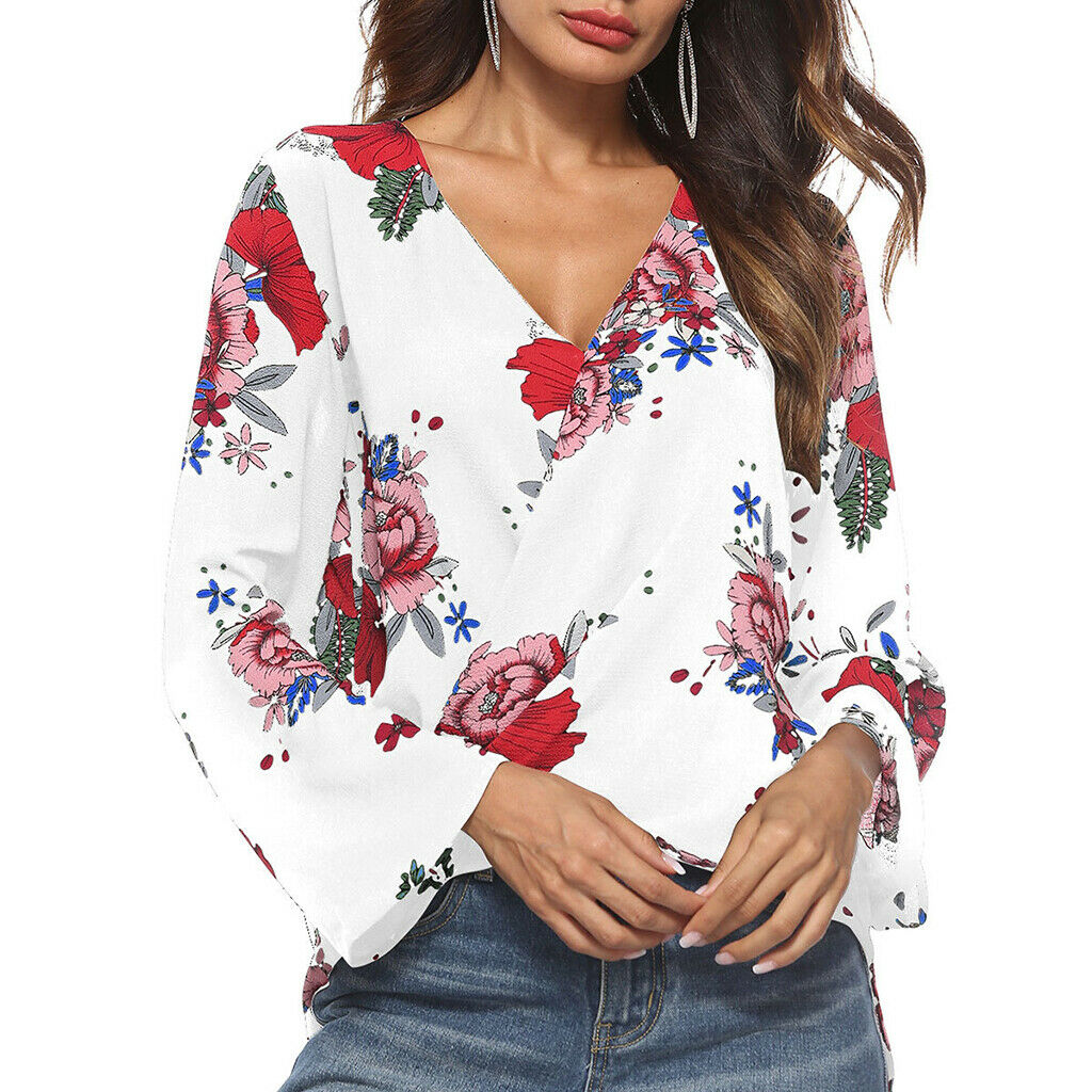 Women's V-Neck Bell Sleeve Blouse Floral Print Wrap Front Top Shirt M White