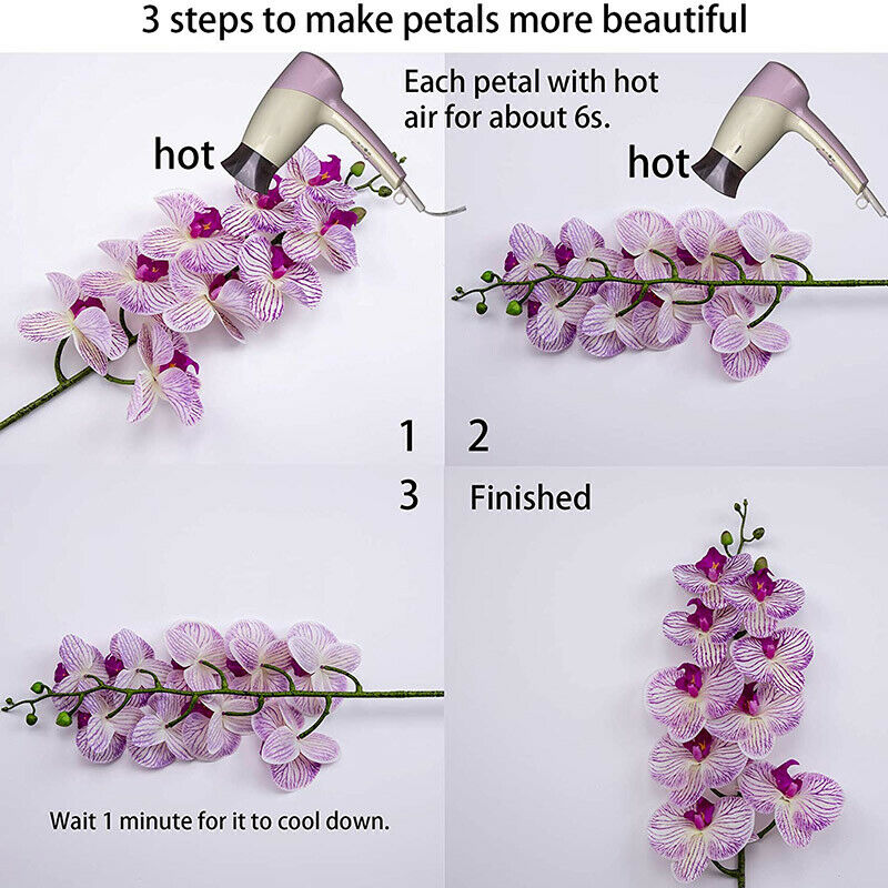 2Pcs Real Press Orchid Stems Flowers Artificial Phalaenopsis Branches 9 LargW3N3