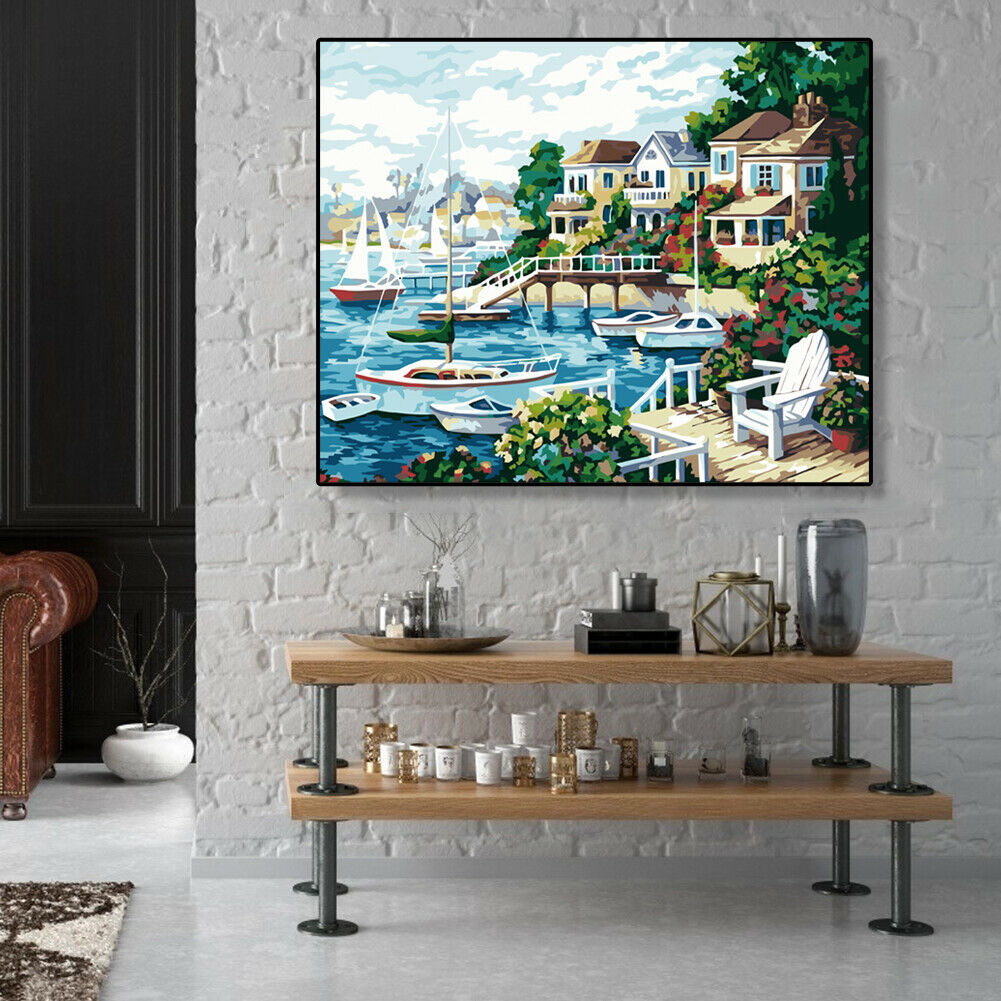 DIY Painting By Number Kit Modern Sea Houses Wall Decor Canvas Coloring Art @