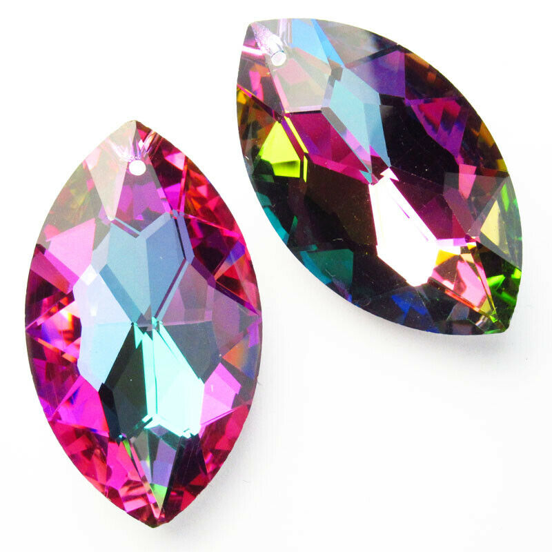 2Pcs Faceted Purple Rainbow Titanium Crystal Olivary Pendant 48x28x15mm A-218SJ