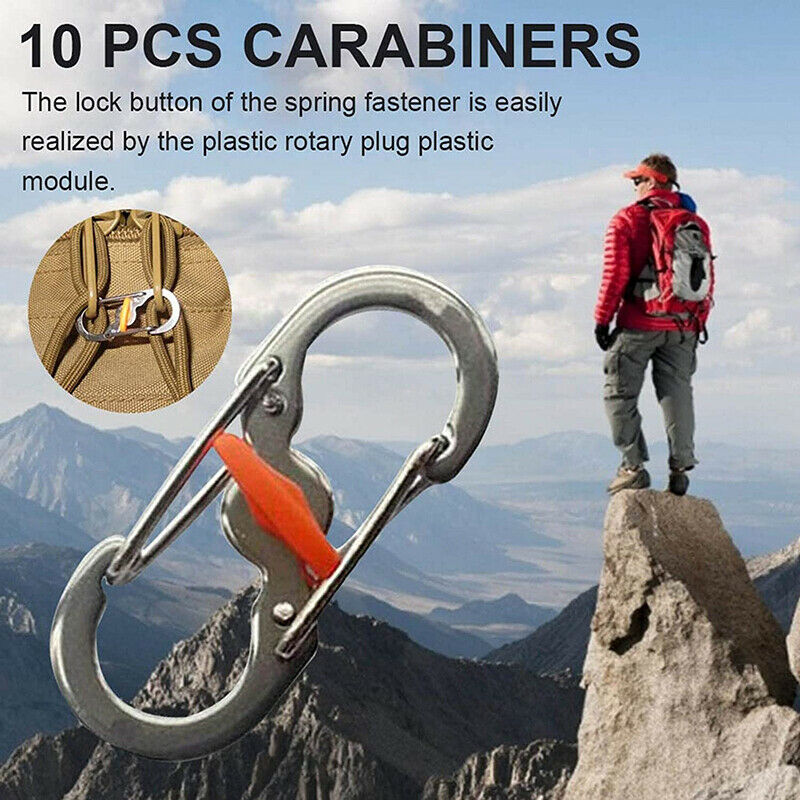 10Pc Outdoor Camping Carabiner Keychain with Lock 8Shaped S Buckle Metal Clip HN
