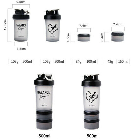 Shaker Bottle 500ML Protein Powder Mixing Bottle Sport Fitness Gym Shaker Black